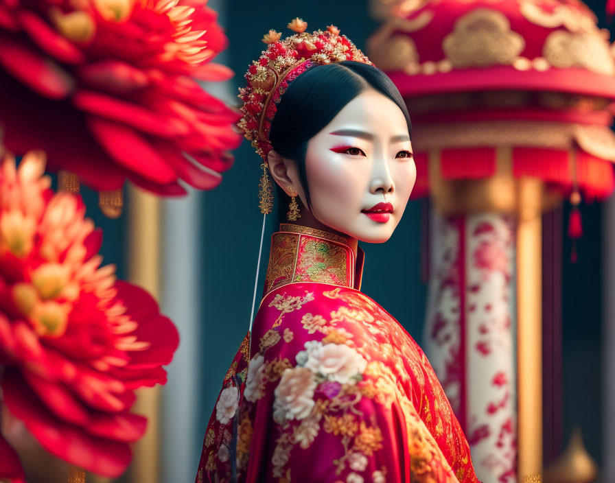 Traditional Chinese Bridal Attire with Elaborate Gold Accessories