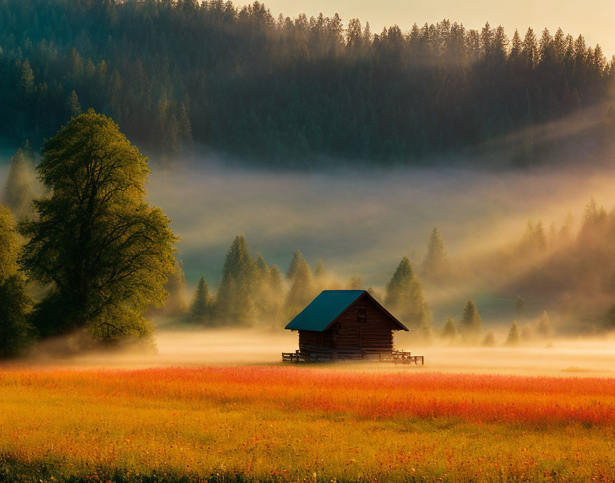 Serene landscape with wooden cabin in misty golden field