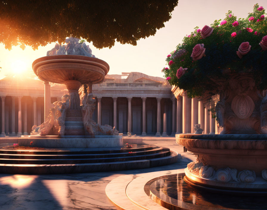 Classical courtyard with fountains and pillars at sunset