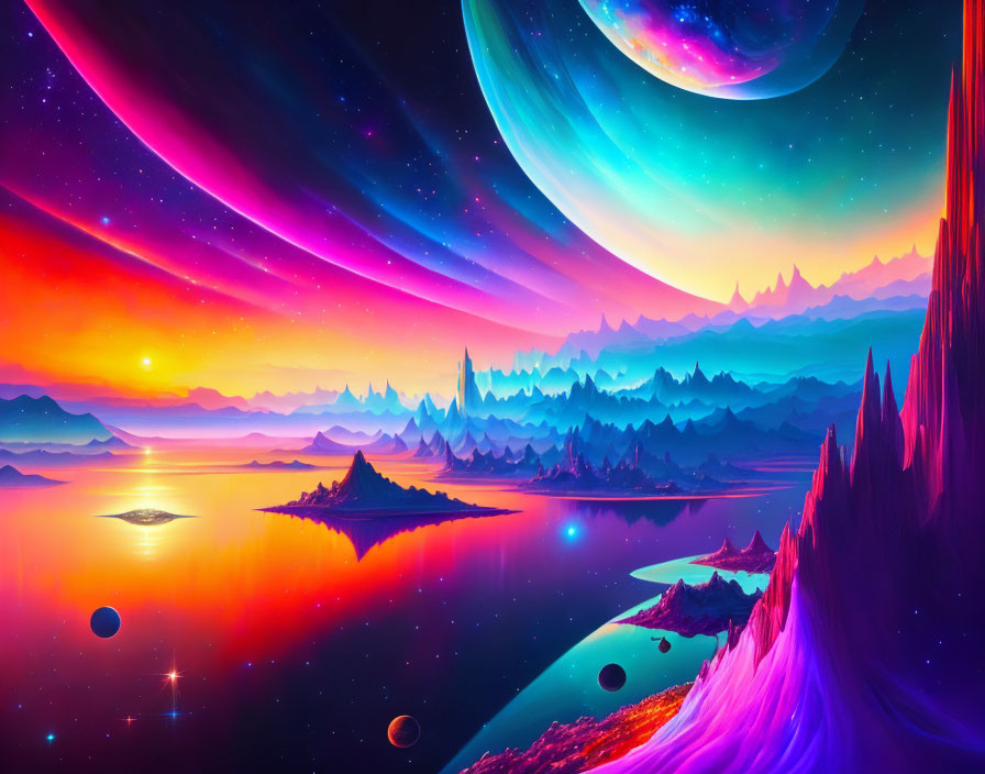 Colorful Fantasy Landscape with Skies, Planets, and Mountains