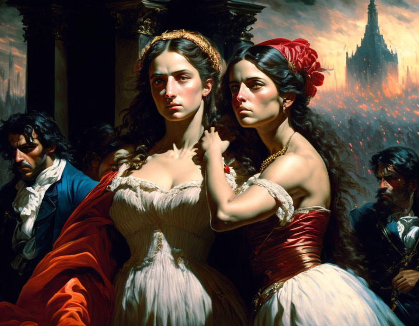 Two women in historical dresses amidst chaos and fire with determined expressions.