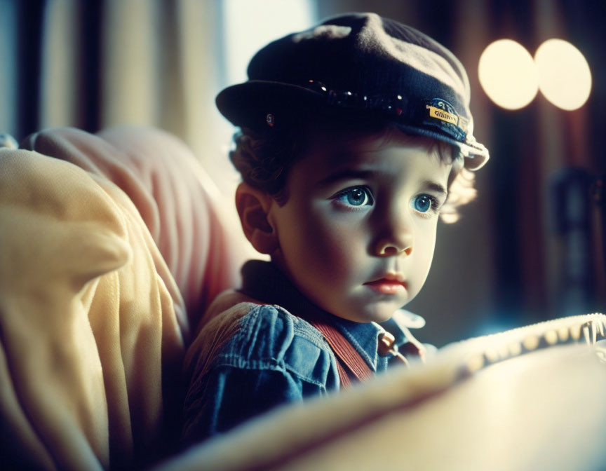 Child with Big Eyes Wearing Cap in Warm Light