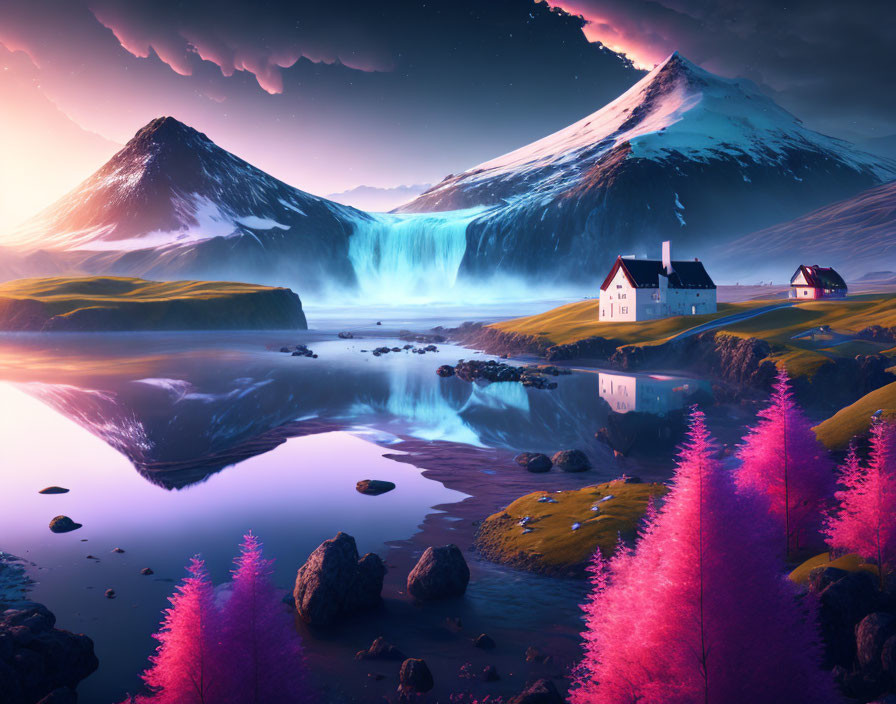 Vibrant pink forest, snowy mountains, waterfalls, and quaint houses in fantasy landscape