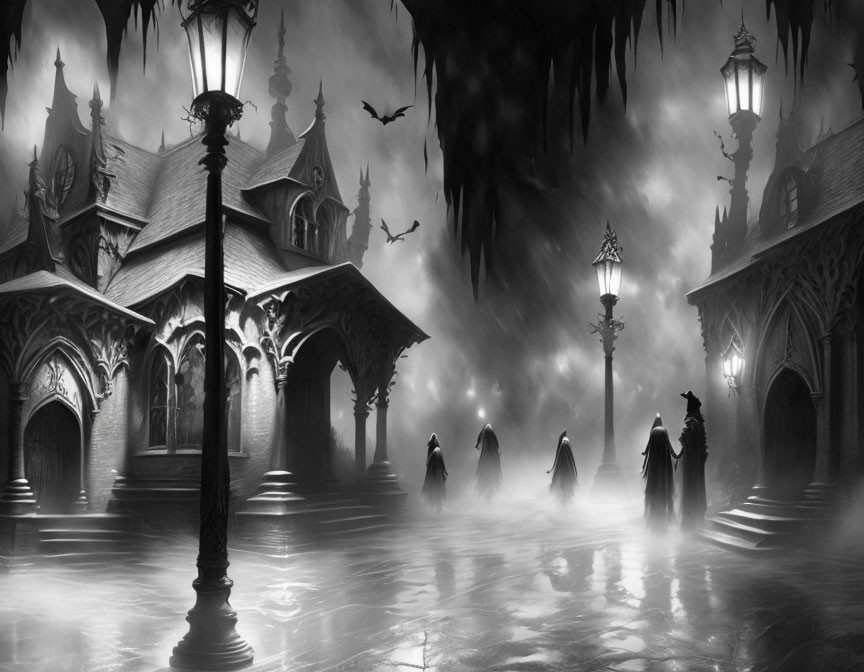 Gothic scene with cloaked figures, misty atmosphere, bats, and eerie architecture.