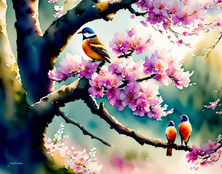 Colorful Birds on Cherry Blossom Branch Painting with Soft Background