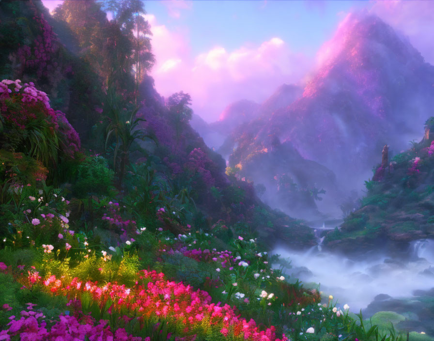 Colorful mystical landscape with lush greenery, flowers, river, and mountains under purple sky