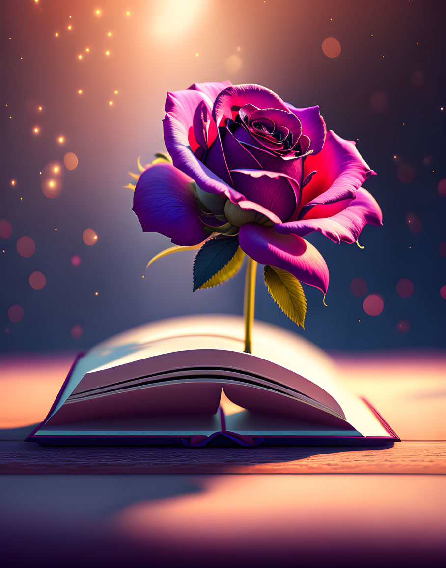 Pink rose blooming over open book on dreamy twilight background