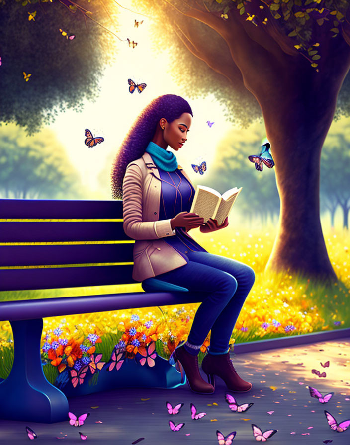 Woman reading book on park bench with butterflies and flowers