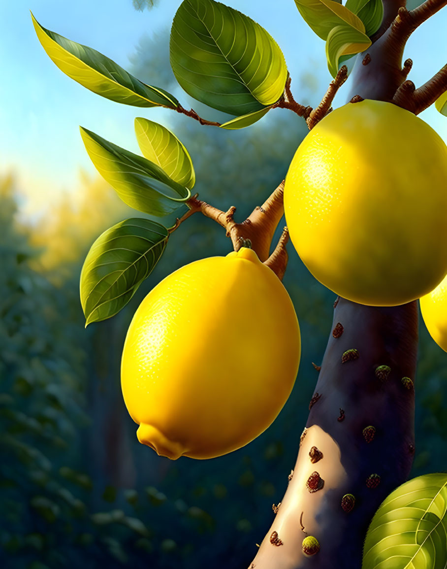 Ripe Lemons on Tree with Green Leaves in Sunlight