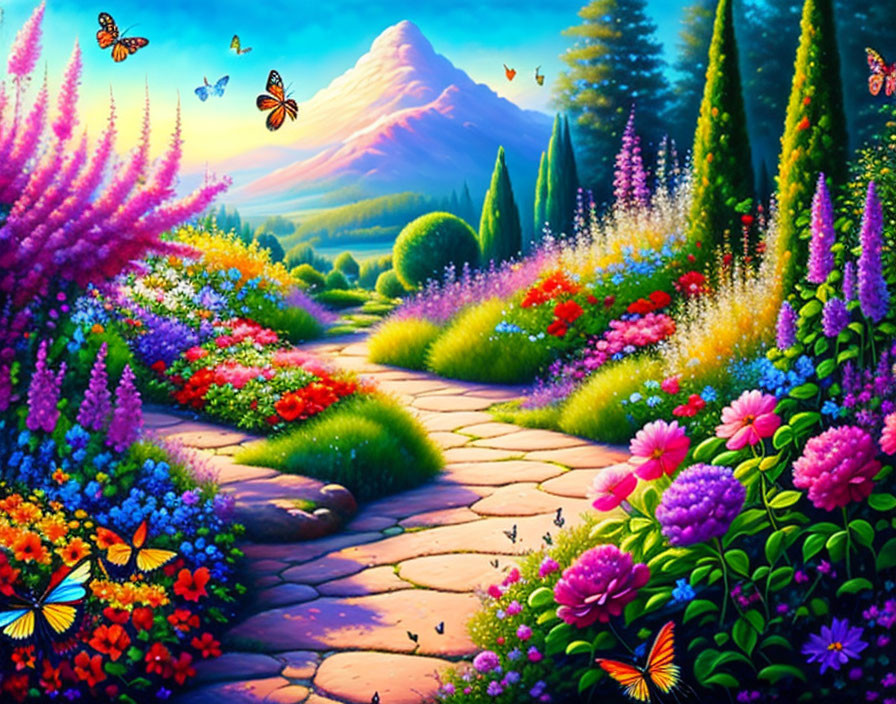 Colorful Flowers and Butterflies on Vibrant Garden Path