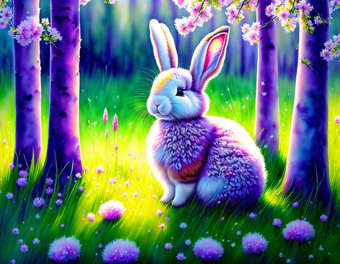 Digital Art: Fluffy Rabbit in Blooming Forest with Magical Light