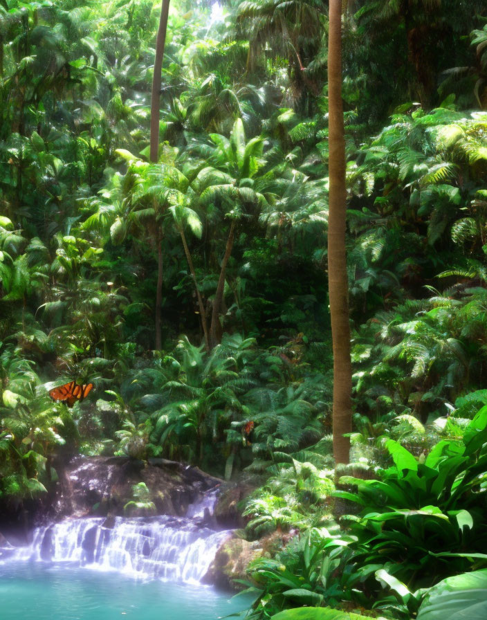 Verdant rainforest scene with small waterfall and lush foliage