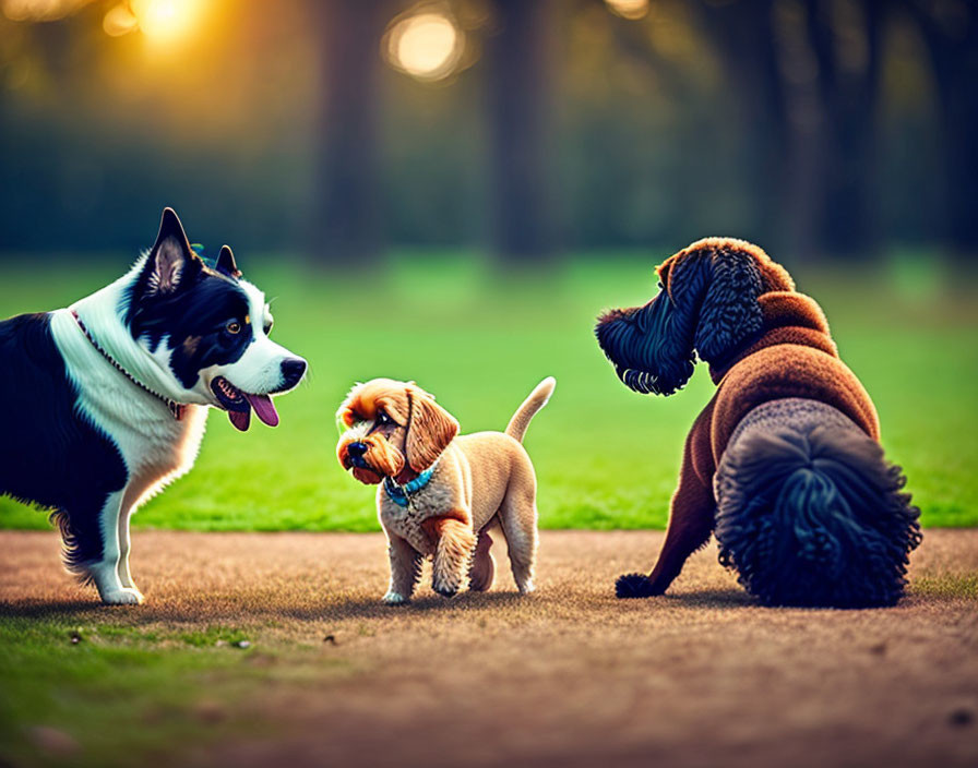 Three dogs on dirt path in park: Border Collie, Shih Tzu, Cocker Span