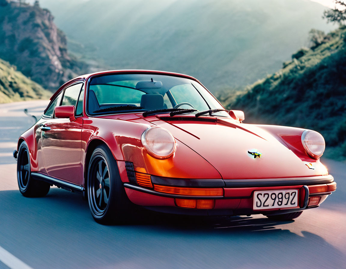 Red Porsche 911 sports car with pop-up headlights on mountain road at sunset