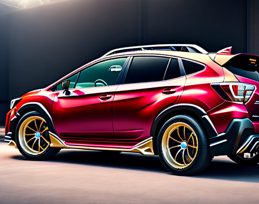 Stylized shiny red car with highlighted contours on dark backdrop