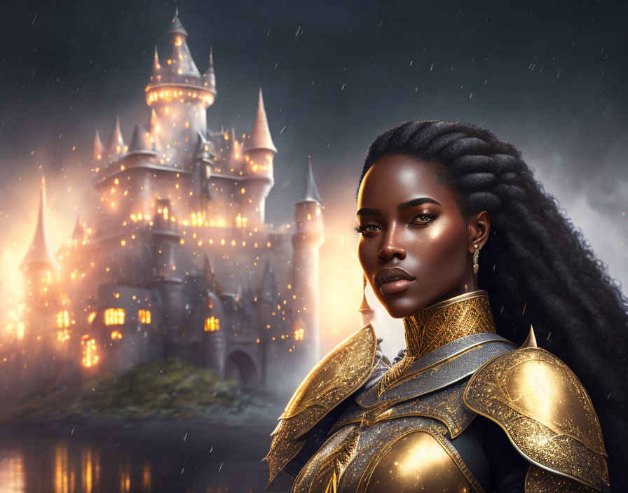 Fantasy castle night scene with woman in golden armor