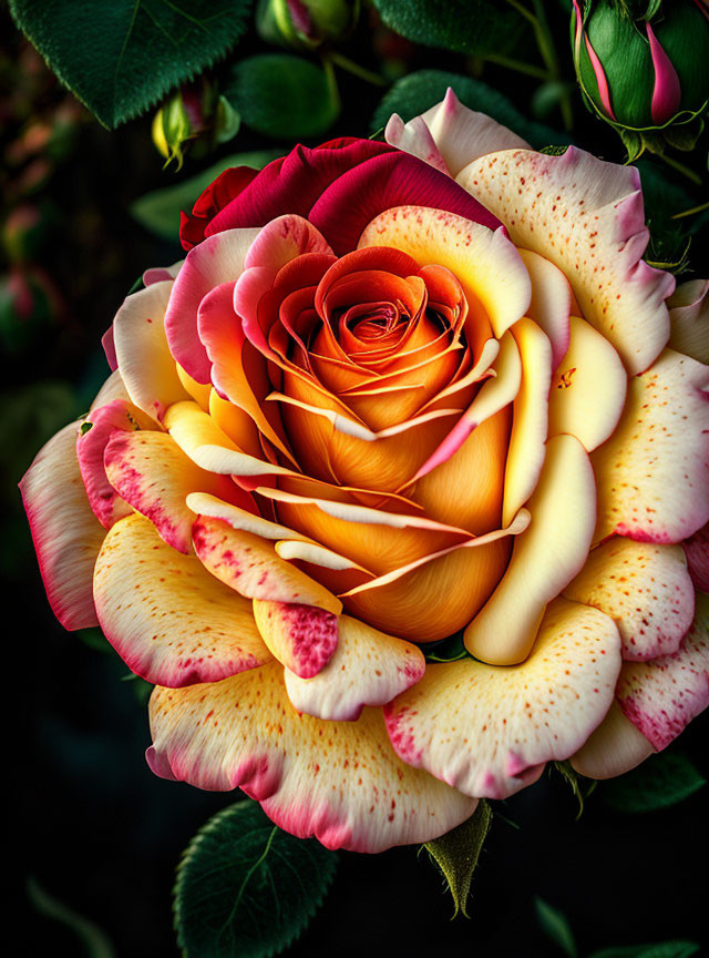 Vibrant multi-colored rose with yellow, pink, cream, and red spots, set amidst green