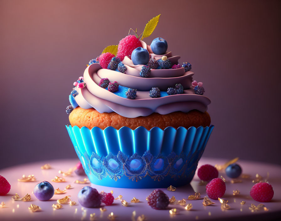 Gourmet cupcake with creamy frosting, berries, and gold sprinkles