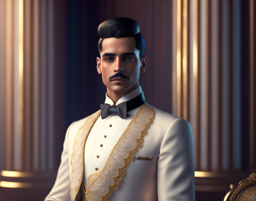 Sophisticated man in white jacket with gold embroidery and bow tie