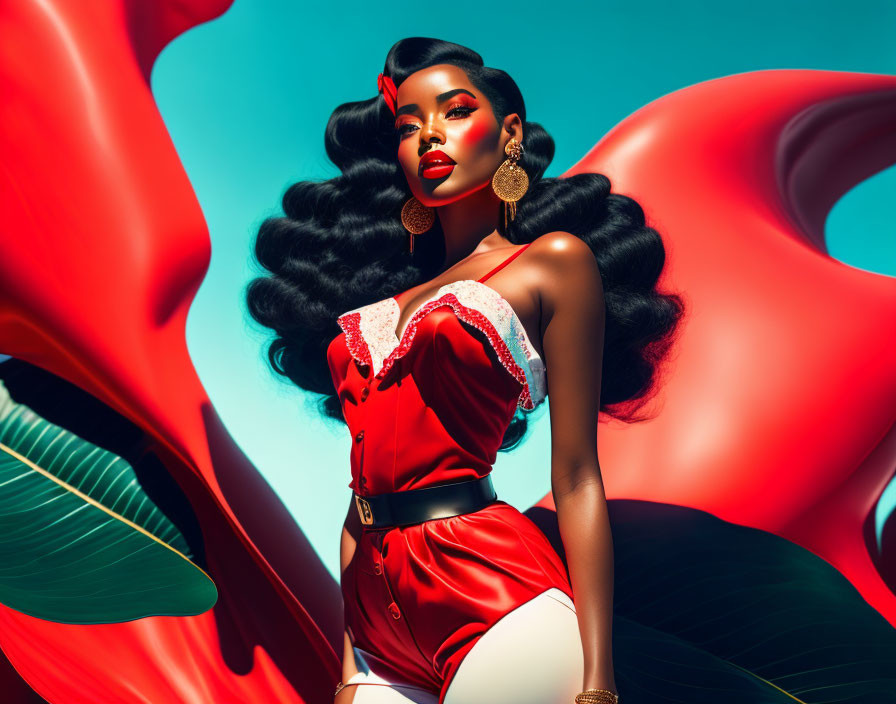 Striking model with glossy black hair in red and white outfit against vivid blue backdrop