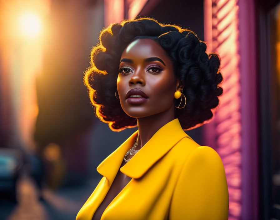 Elegant woman with curly hair in yellow blazer against city sunset backdrop