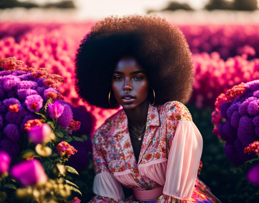 Woman with large afro in floral dress among purple flowers at sunset