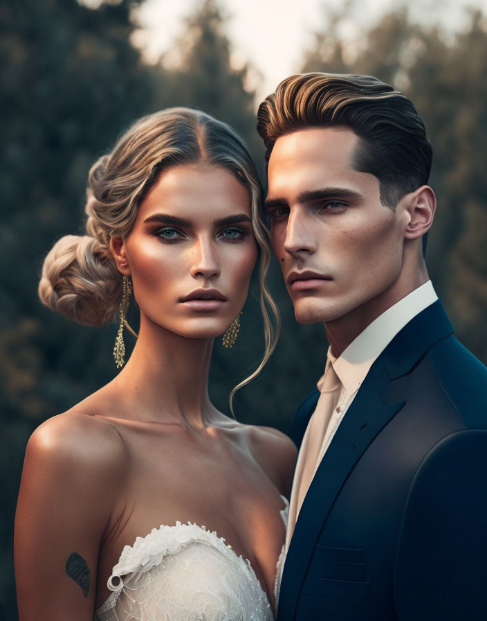 Stylishly dressed man and woman in elegant attire with styled hair and bridal outfit.