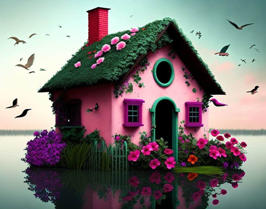 Pink house with moss-covered roof, surrounded by flowers and birds, reflected in water at dusk