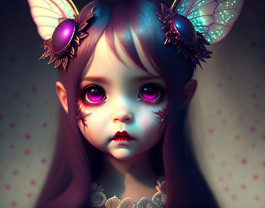 Digital Illustration: Girl with Large Purple Eyes and Butterfly Ornaments