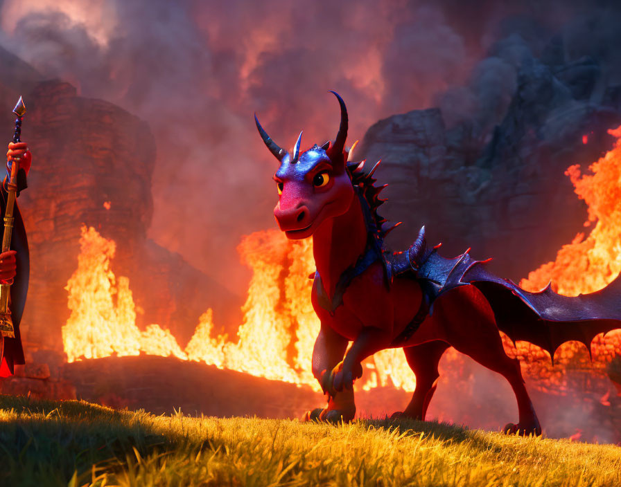 Vibrant animated dragon with blue horns and red body on grass against fiery rock backdrop