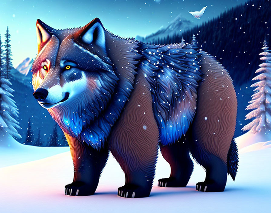 Colorful Stylized Fox in Snowy Twilight Landscape