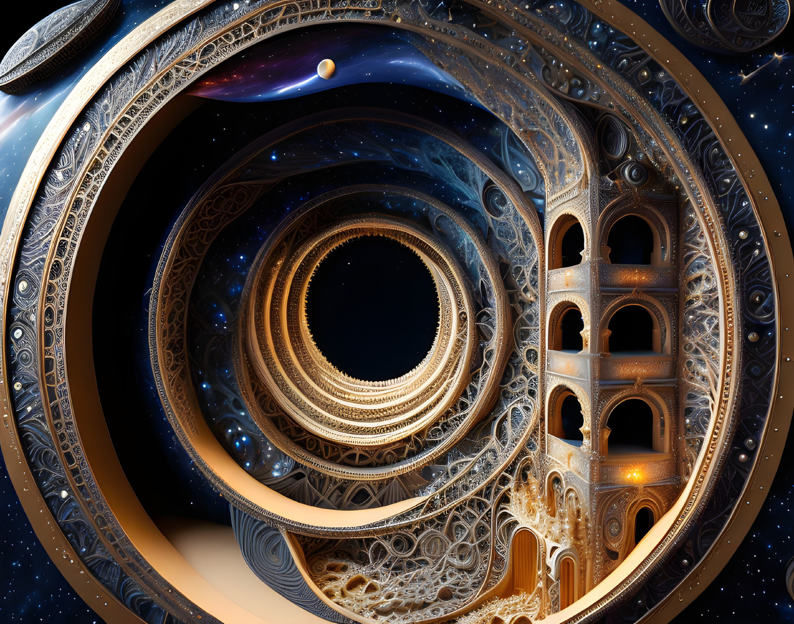 Intricate Spiral Fractal with Architectural Elements in Cosmic Setting