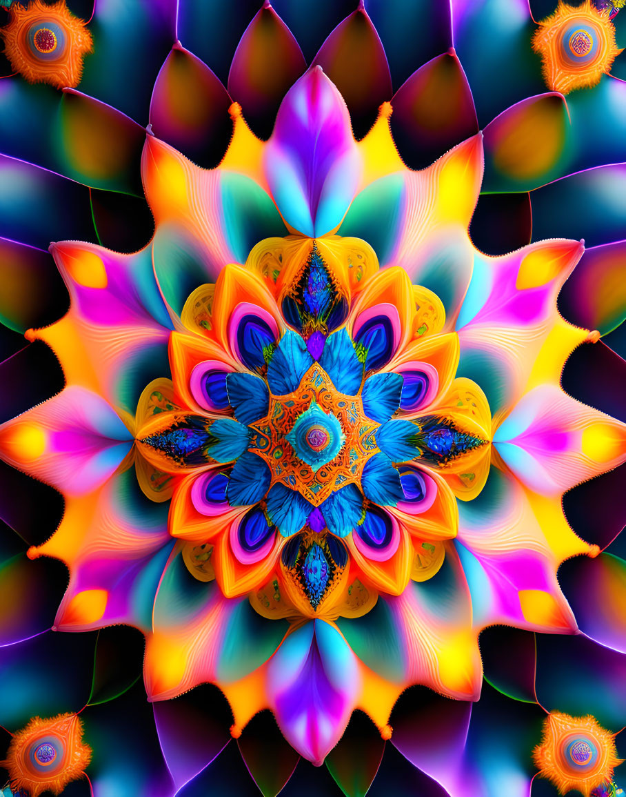 Colorful Symmetrical Mandala with Blue, Purple, Orange, and Yellow Palette