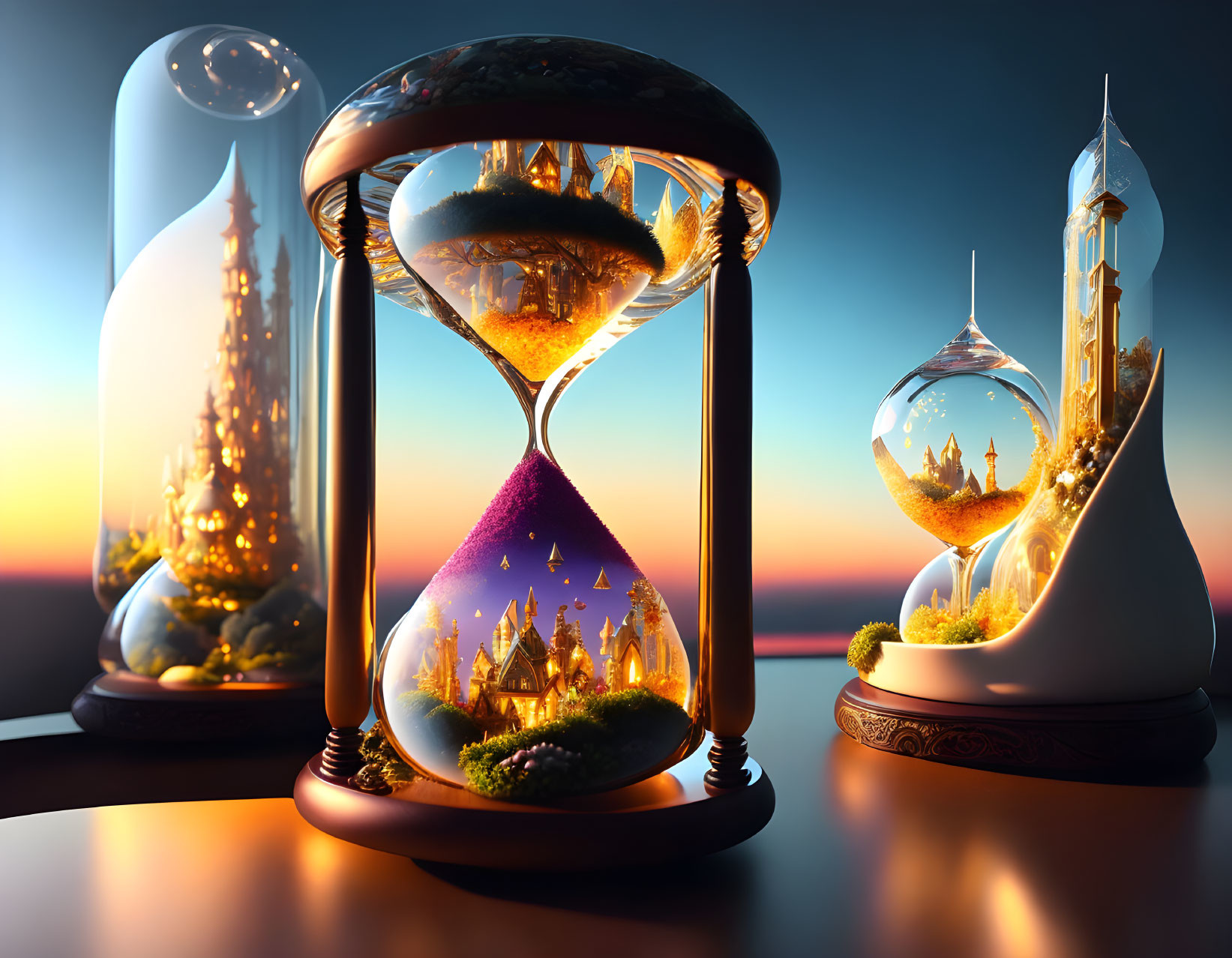 Hourglass with Sandcastles and Illuminated Castles in Twilight Background