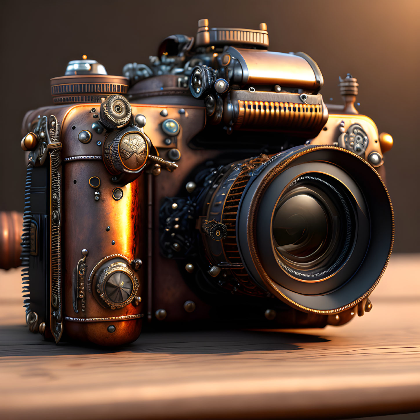 Steampunk-style camera with intricate gears and vintage metallic finish