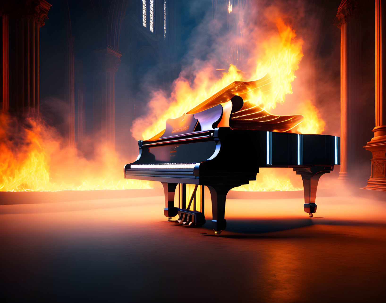 Grand Piano Surrounded by Flames in Classical Hall