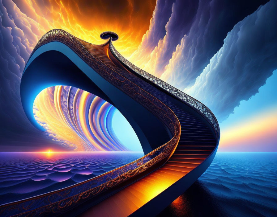 Wave-shaped structure with intricate designs against vibrant sunset sky.