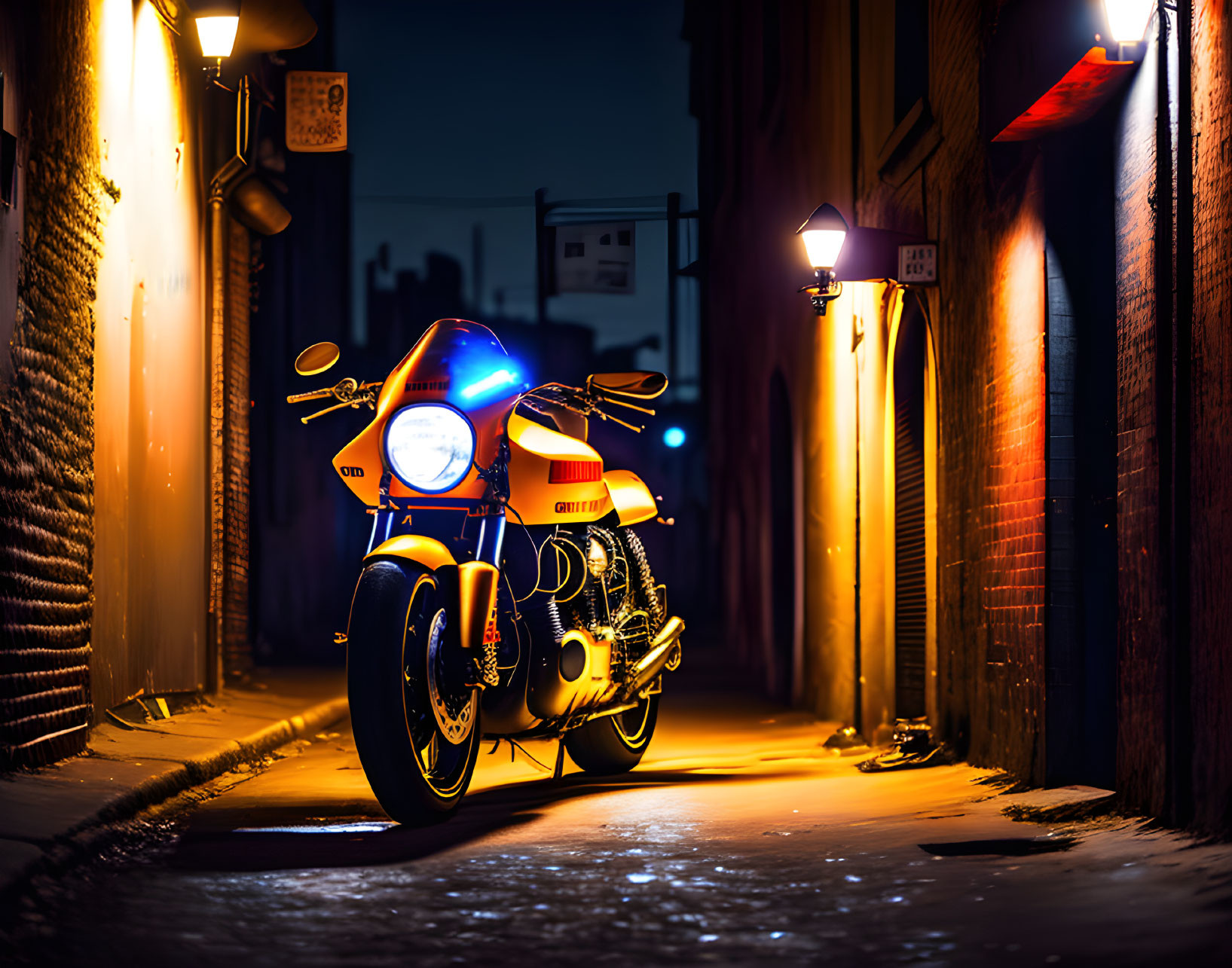 Motorcycle with Glowing Headlights in Warmly Lit Night Alley