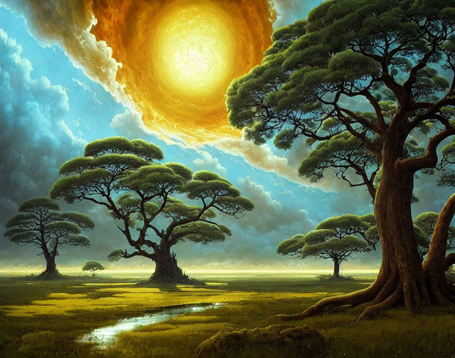 Majestic trees under glowing sun in serene fantasy landscape