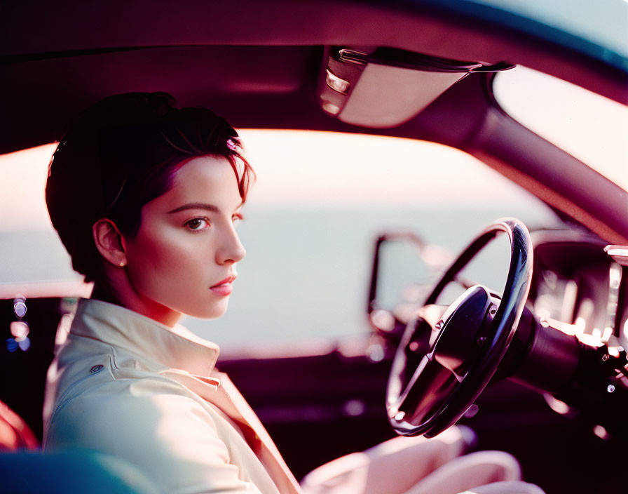 Short-haired woman in headband and jacket sits in car's driver seat.