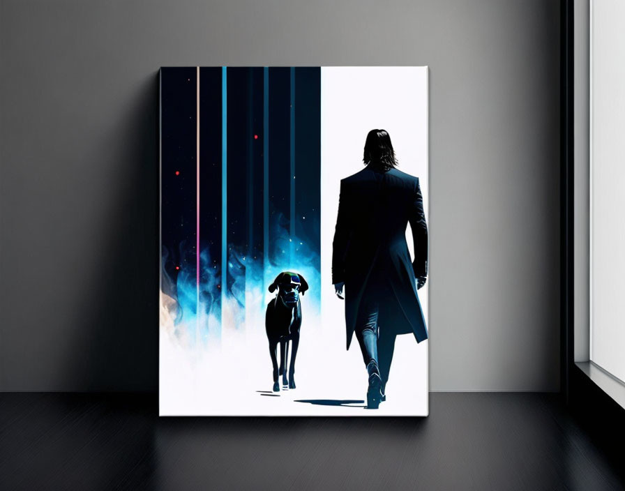 Silhouetted man and dog canvas art print on blue backdrop against gray wall