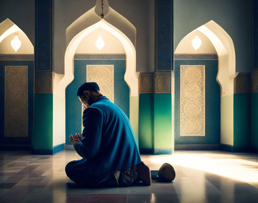 Person in Blue Sweater Praying in Ornate Sunlit Room