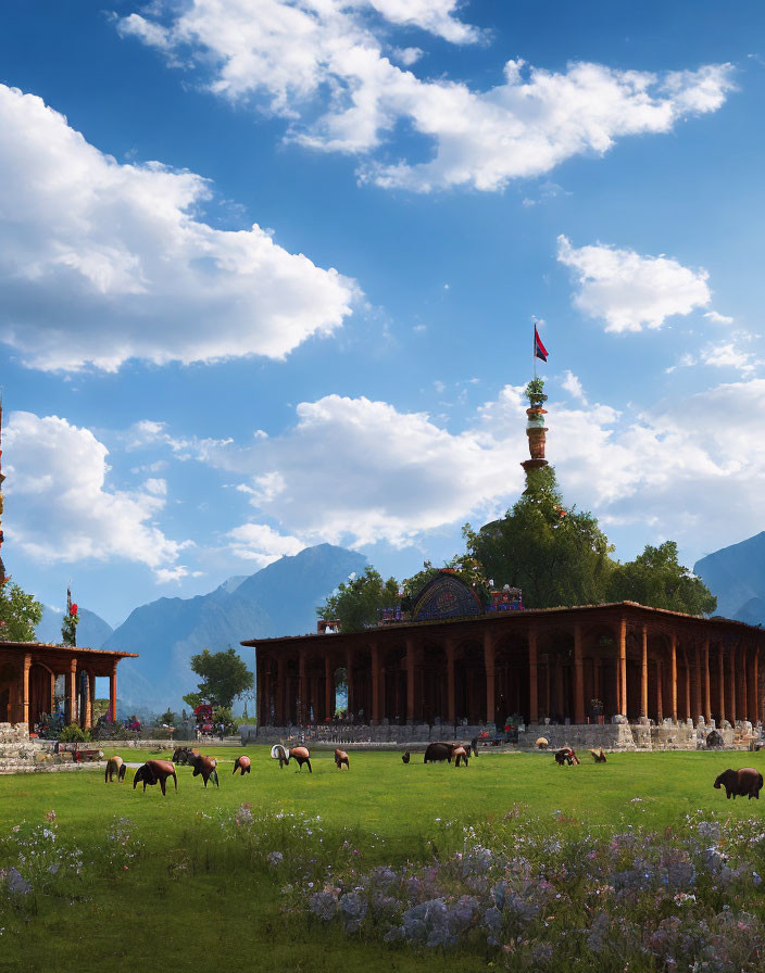 Tranquil landscape with grazing horses, vibrant flowers, ornate structure, mountains, and blue sky