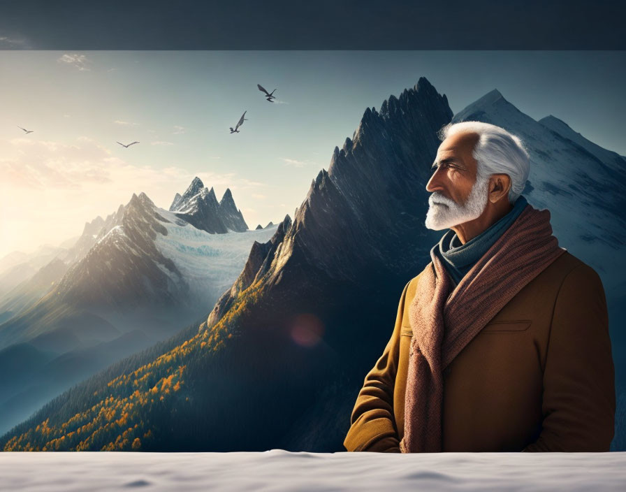 Bearded elderly man in contemplation before mountain range at sunrise or sunset