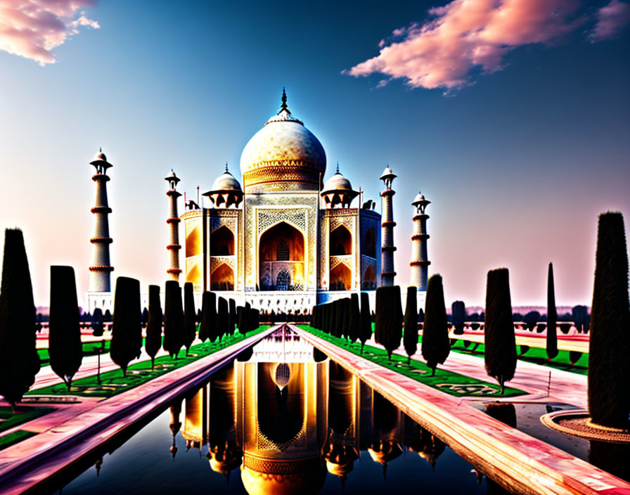 Iconic Taj Mahal at sunset with reflection in waterway, vibrant purple and blue sky