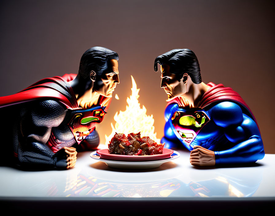 Superman Figurines with Hot Food Bowl on Gradient Background