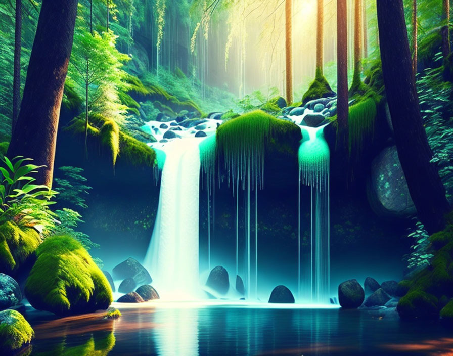 Mystical forest scene with luminous waterfall and vibrant green moss