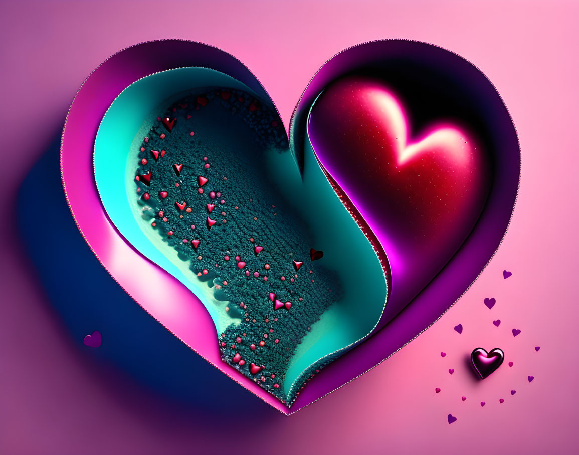 Layered 3D heart shapes in pink, blue, and purple with glowing accents on textured background