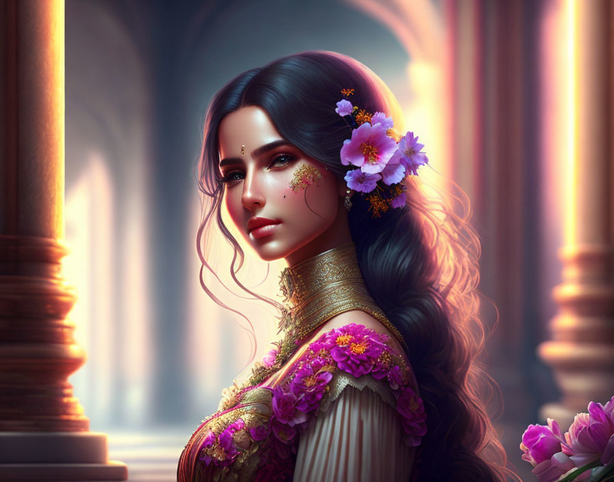 Digital artwork of woman with long dark hair in floral hair adornment, gold and pink dress, posing