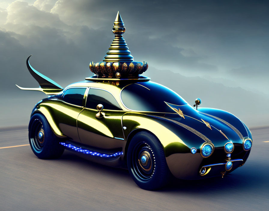 Futuristic car with pagoda-style tower, sleek curves, and neon blue underglow on